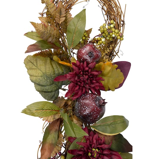 2.3ft. Autumn Harvest Mums with Pomegranate Autumn Grapevine Teardrop Swag